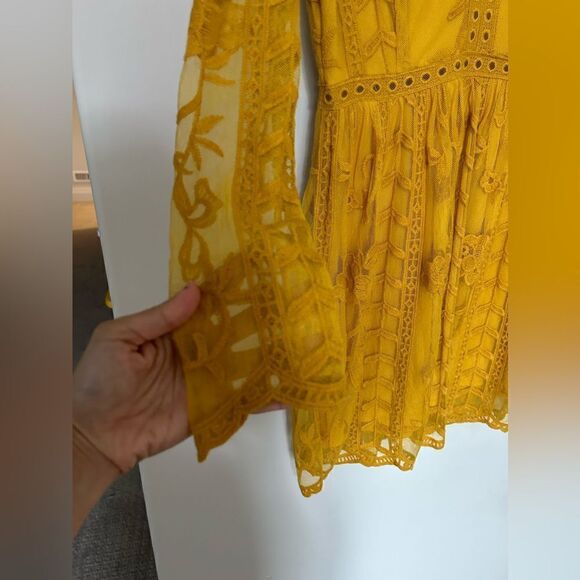 Altar’d State Tabatha Mustard Yellow Golden Long Sleeve Lace Mini Dress - Picture 4 of 9